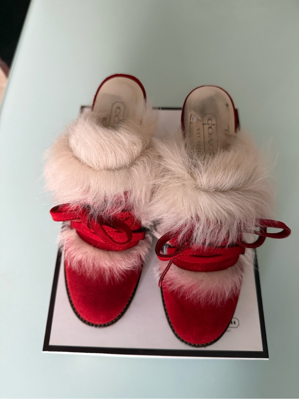 Coach Red Suede Leather Fur High Heel Mule Size 6 1/2 - Picture 5 of 9